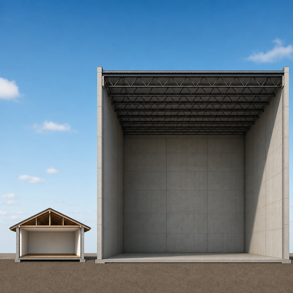 Cutaway of a small house beside a warehouse about four times taller inside, with hazard zones overlaid